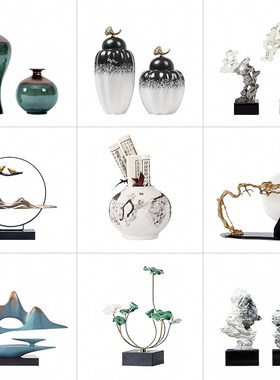 新中式轻奢高档家居装饰品摆件书柜客厅J办公室样板房间软装工艺