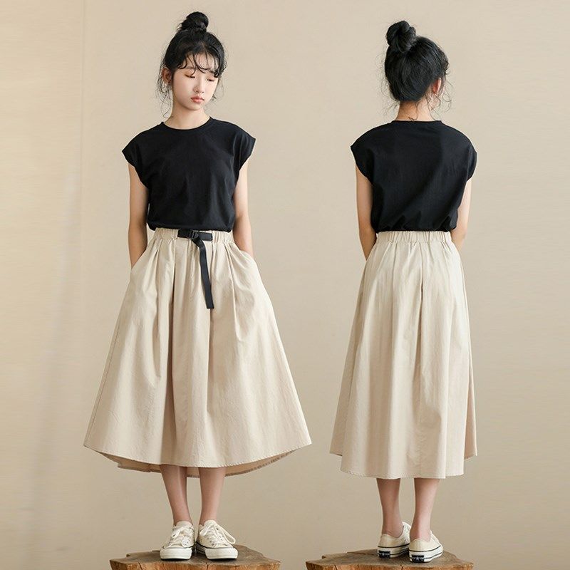 设计感腰带松紧腰宽松A字伞摆女童半身裙初中生休闲显瘦中长裙夏,童装/婴儿装/亲子装,半身裙,淘宝优惠券,粉丝福利购,淘宝优惠卷