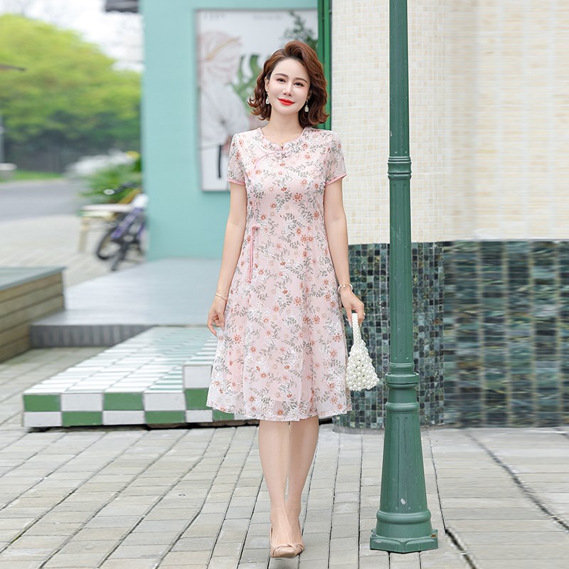 h21妈妈装夏装短袖洋气裙子中年女夏季d07中老年中长款夏天连衣裙