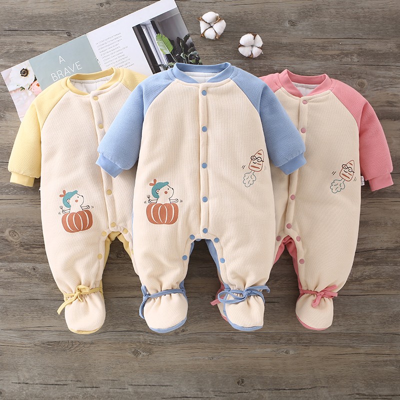 新生婴儿包脚连体棉衣秋冬男女宝宝纯棉厚棉袄按扣连袜棉服0-1岁
