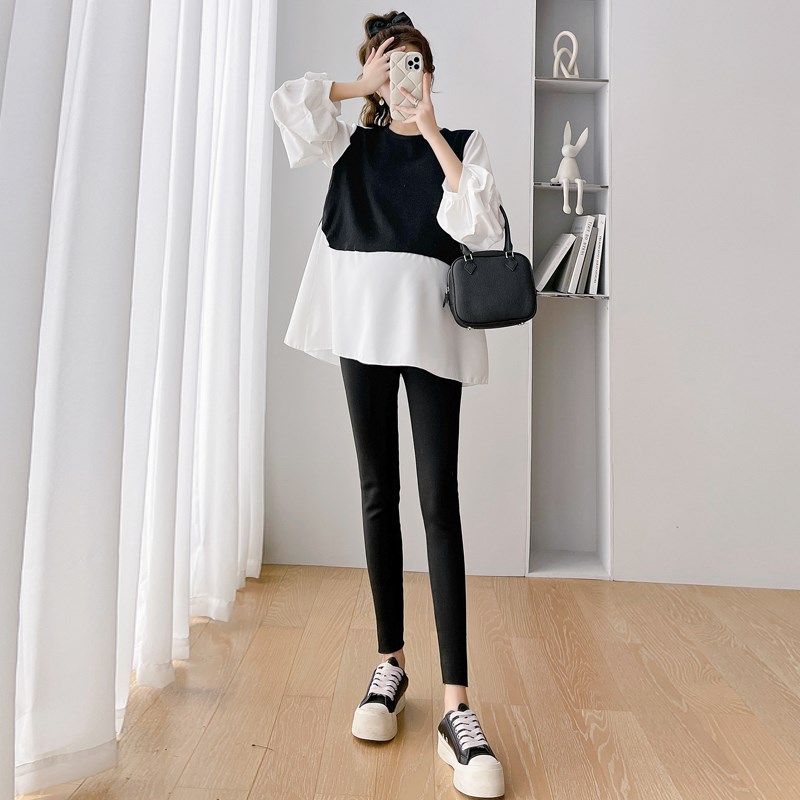 孕妇装春装假两件拼色长袖上衣春季韩版哺乳衣2024新款春秋娃娃衫