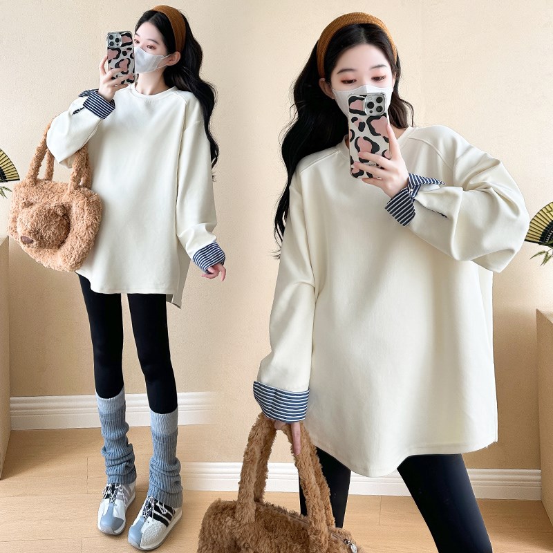 加码孕妇运动衫春秋季时尚中长韩式宽松拼接条纹长袖上衣女子100