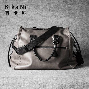 吉卡尼 休闲复古旅行袋灰色牛皮手提大容量行李袋单肩斜挎手拎包