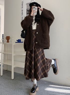 美拉德风毛呢格子长裙 高腰中长款半身裙显高显瘦大裙摆A字大裙摆