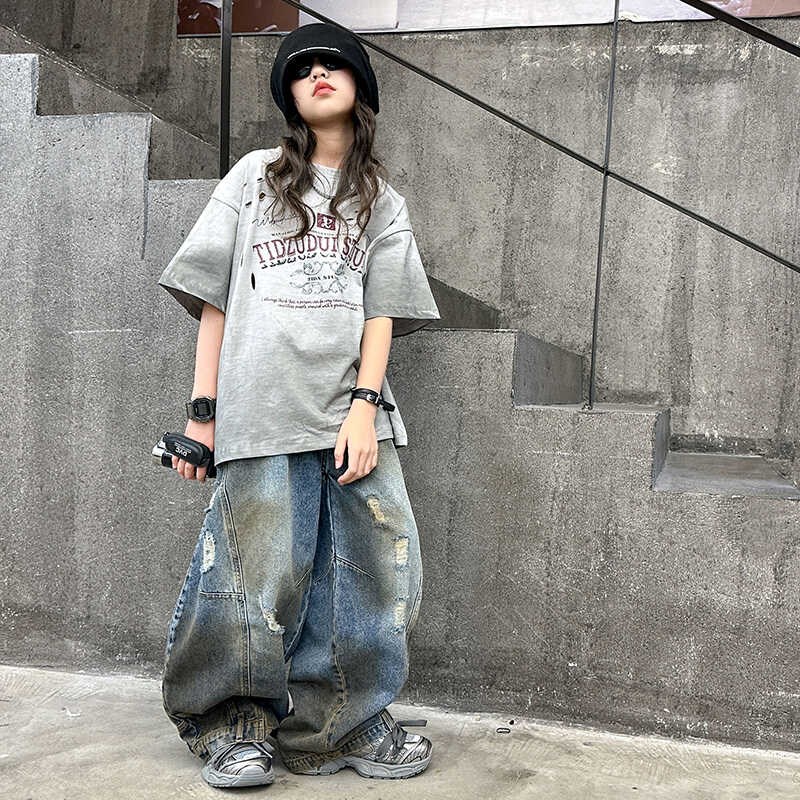 女童新款潮酷夏装儿童洋气晕染渐变短袖T恤时尚阔腿牛仔裤两件套