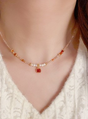 小众时尚轻奢淡水珍珠锆石方钻吊坠项链女设计感水晶串珠锁骨链