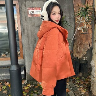 橘红色短款羽绒棉服女冬季2024新款韩系小个子连帽面包服外套加厚