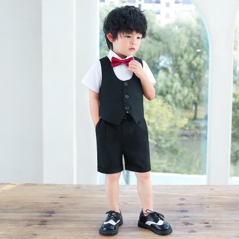 春夏儿童黑色g西装周岁生日主持男童礼服马甲套装短袖钢琴演出西