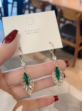 新款潮流耳饰时尚耳坠锆石闪耀绿色叶子耳环气质百搭女款耳钉