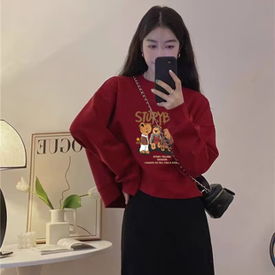 美式复古印花小众短款卫衣女春秋新款加绒高腰小个子洒红色上衣潮