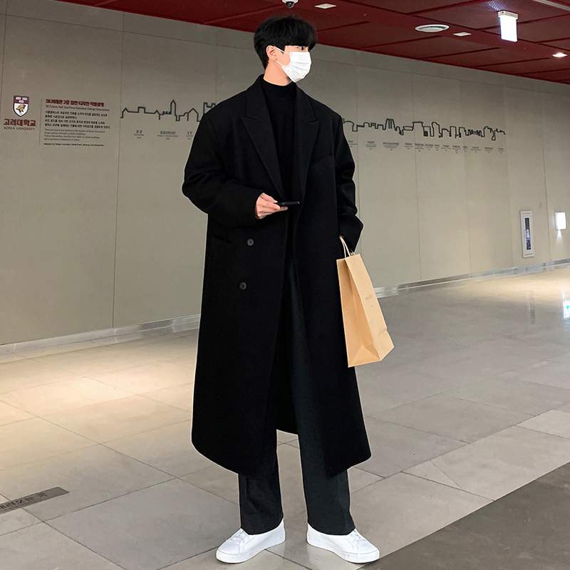 秋冬新款中长版毛呢大衣男单排扣青年潮流休闲宽松呢子外套男风衣