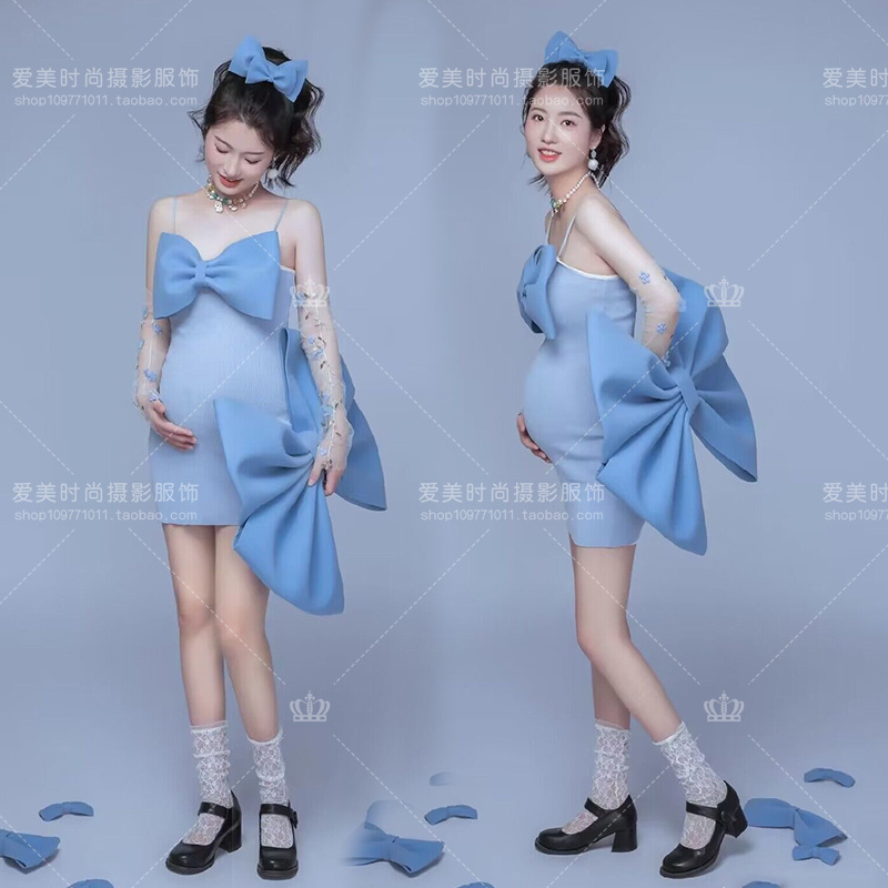 影楼私房孕妇拍照服装新款小清新套装写真艺术照蓝色套装摄影服饰