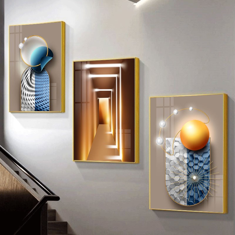 复式楼梯b装饰画现代简约走廊三联几何挂画客厅楼道过道晶瓷镶钻图片
