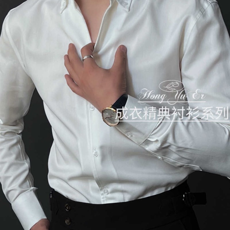 免烫意式一片领男士长袖衬衫法A式复古那不勒斯纯棉大V领休闲衬衣