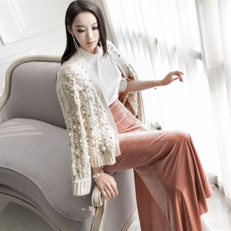 春秋2021新款手工钉珠粗线麻花针织开衫V领宽松慵懒风毛衣外套女