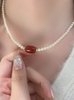 国潮新中式红色吊坠珍珠项链法式气质高级感颈链锁骨链气质时尚女