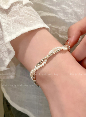 双层叠戴珍珠碎银子手链女生2024新款小众高级感手串闺蜜叠戴手饰