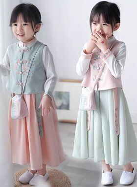 女童汉服春秋古风刺绣马甲连衣裙公主儿童中国风超仙小孩演出唐装