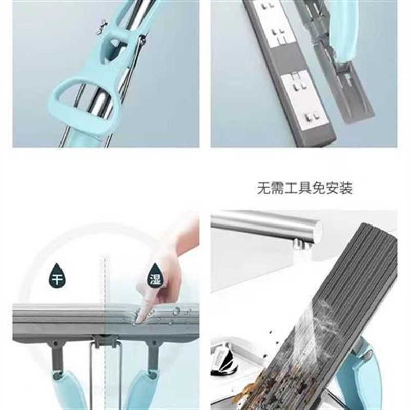懒人免手洗不锈钢杆胶棉拖把家用对折式海绵吸水T拖布地拖大中小