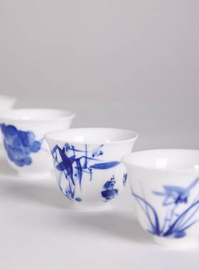 景德镇洪窑陶瓷花神杯釉下彩聚香品茗杯青花瓷闻香杯手绘功夫茶杯