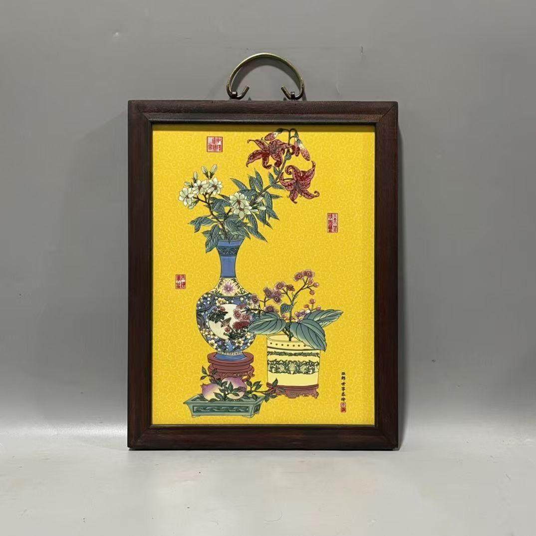 郎世宁作品红木镶瓷板画粉彩博古图挂屏高36厘米宽29景德镇瓷板画