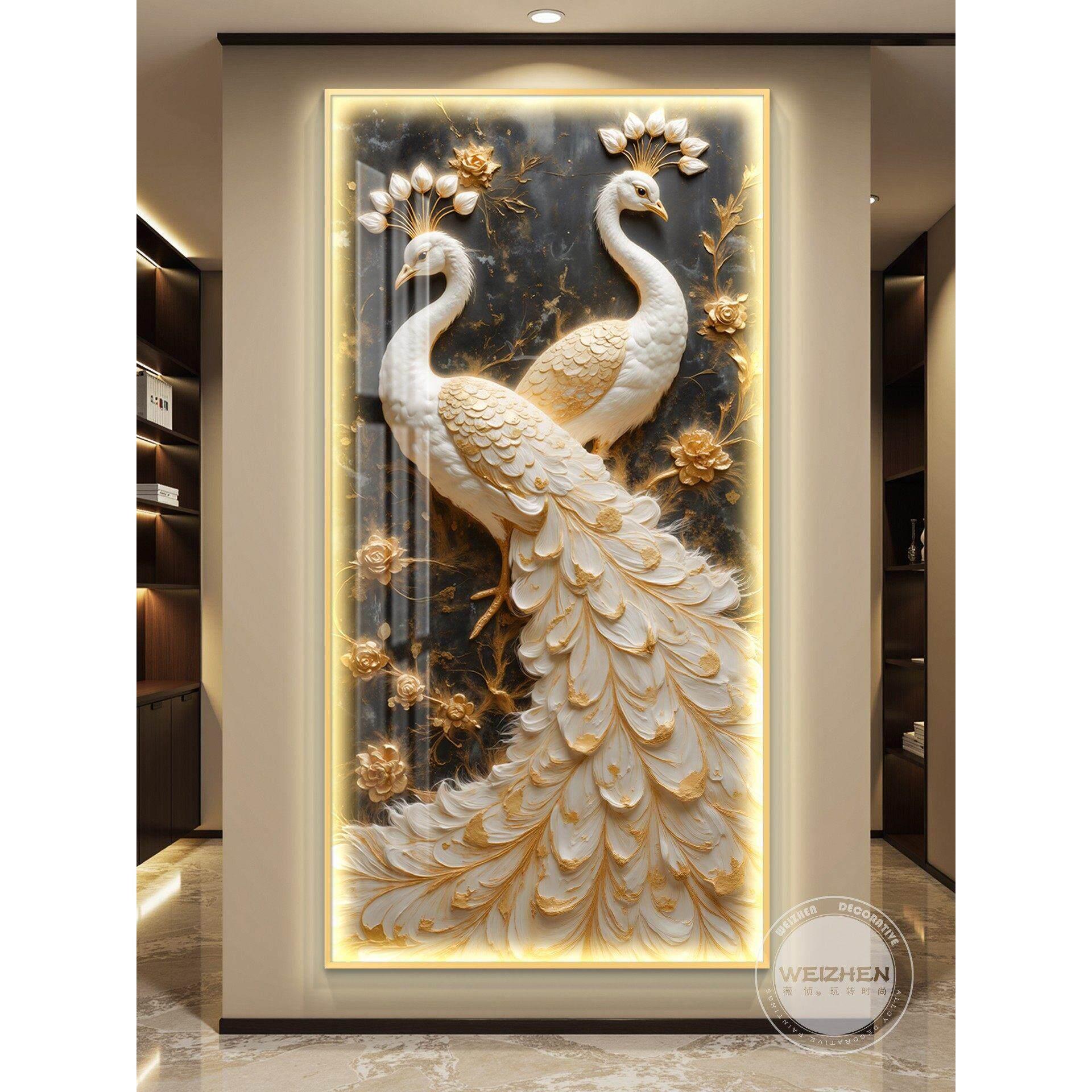 孔雀轻奢led带灯入户玄关装饰画走廊过道挂画壁画简约现代高级感