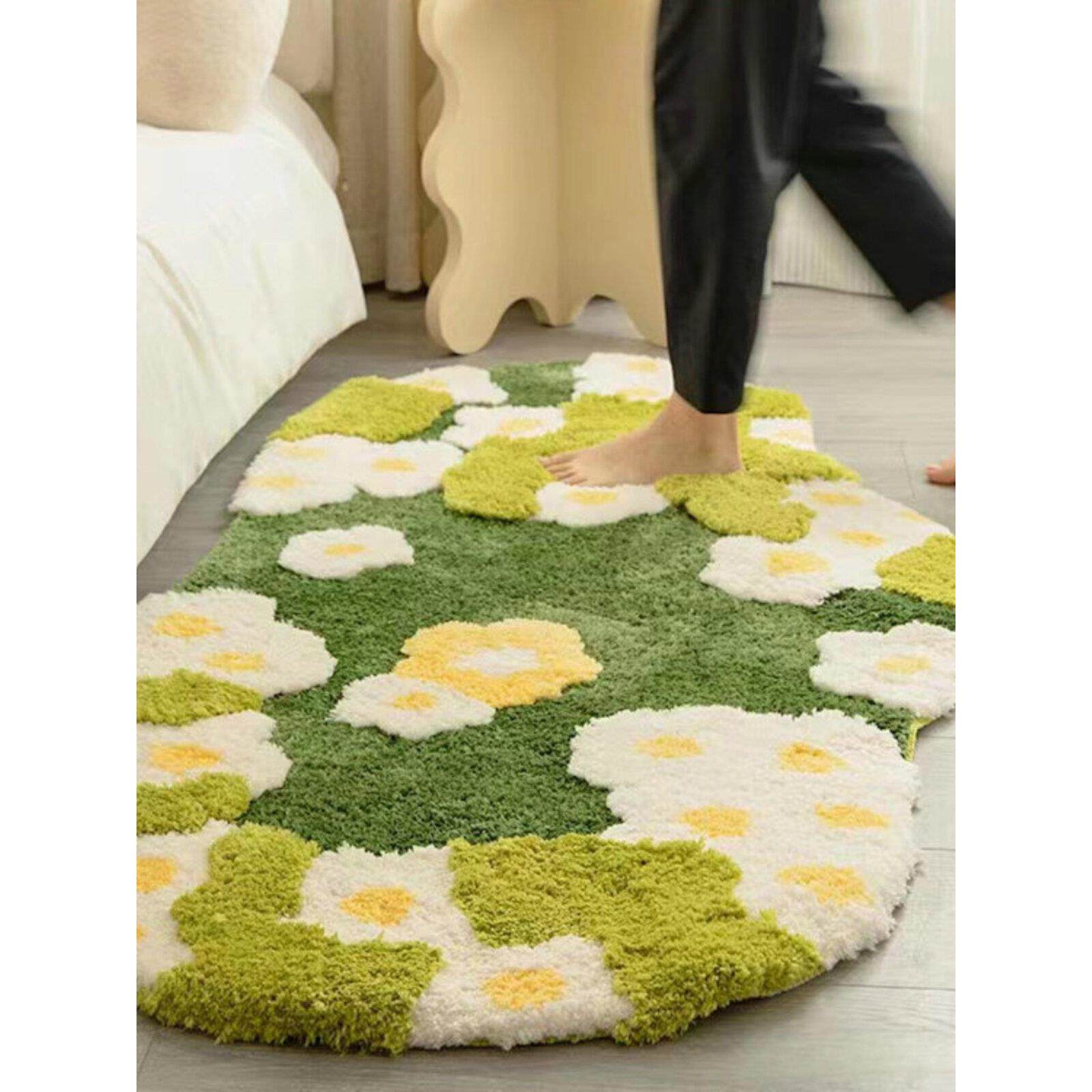 苔藓地毯ins北欧吸水脚垫家用田园风耐脏小花床边毯卧室地毯客厅