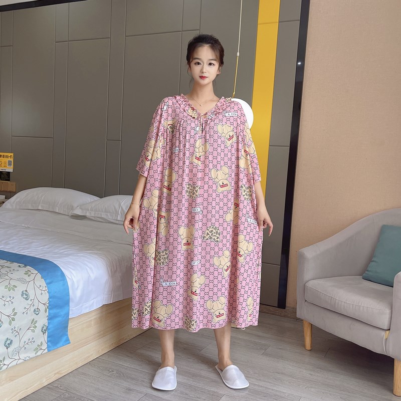 薄款棉绸大码睡裙女n长款200斤夏短袖卡通绵绸睡衣胖MM孕妇家居服