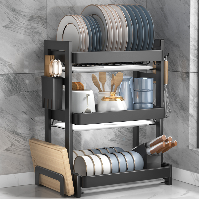 不锈钢沥水碗架厨房置物架碗碟晾碗筷台面家用三层双层收纳放碗架