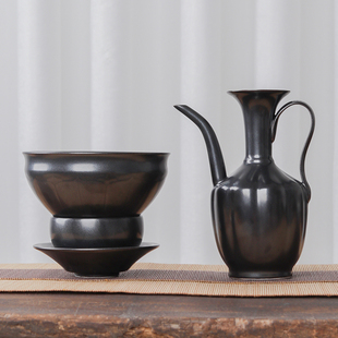 复古仿宋点茶小号乌金釉手执壶汤瓶酒壶温碗宋代点茶陶瓷茶具酒具