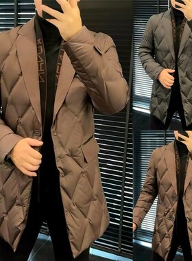 82739男士秋冬季轻奢时尚围巾领西装款中长版风衣羽绒服外套帅气