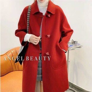 红色双面羊绒大衣女中长款2021秋冬新款宽松韩版小个子羊毛呢外套