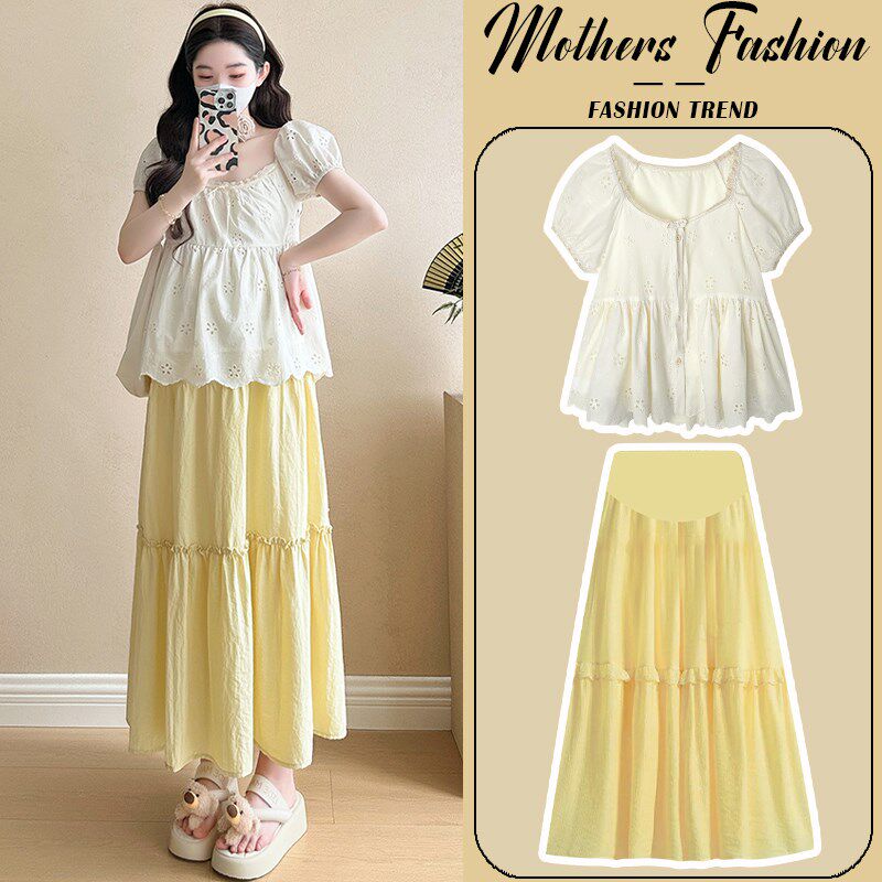 孕妇连衣裙套装夏季2025新款甜美刺绣娃娃衫短袖上衣半身裙两件套