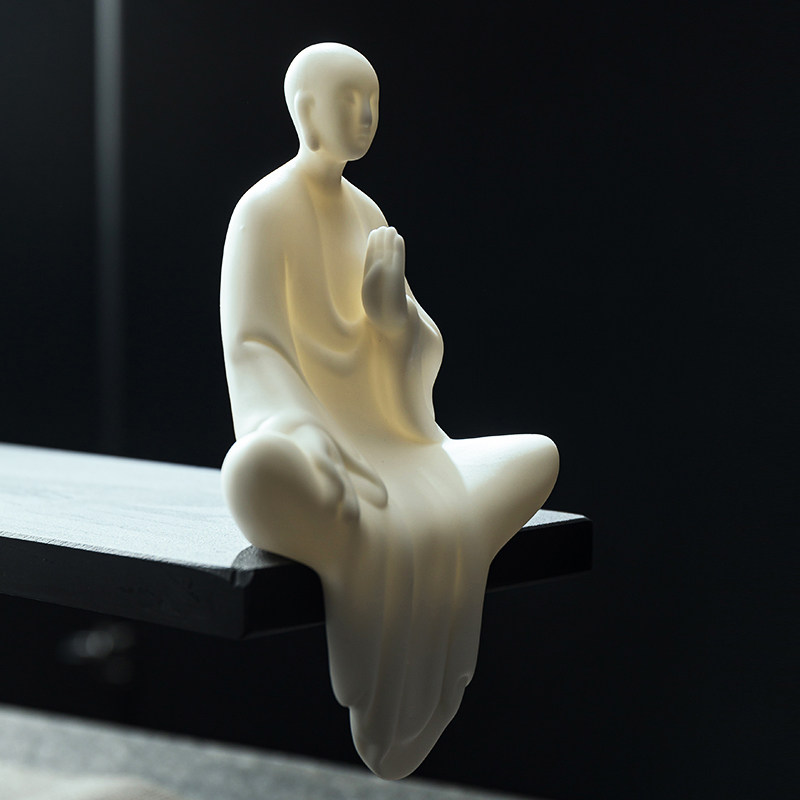 禅意白瓷小和尚家居客厅玄关新中式装饰摆设陶瓷小僧桌面人物摆件
