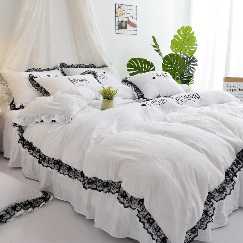 全棉可爱公主风刺绣l蕾丝床裙纯棉四件套少女心1.5/1.8m床上用品