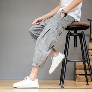 男士七分裤男款夏季薄款冰丝短裤宽松亚麻裤棉麻7分裤休闲哈伦裤