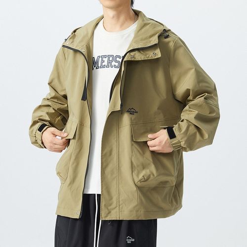 特大码男士美式工装外套潮胖子秋季宽松户外机能连帽冲锋衣夹克衫