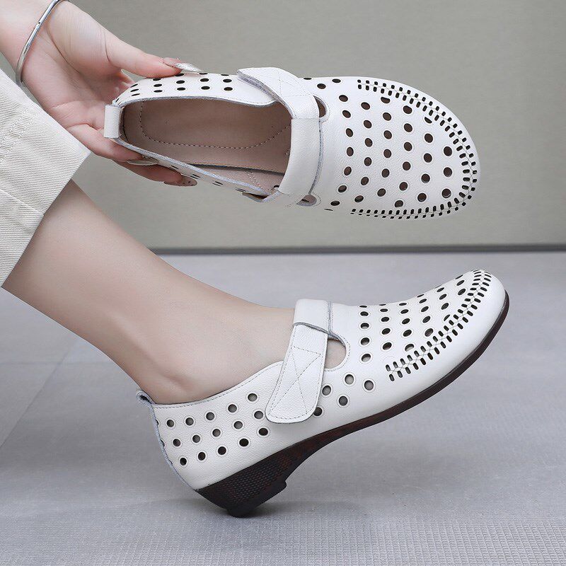 真皮牛筋软底洞洞鞋女夏季不累脚妈妈鞋镂空凉鞋软皮鞋中老年女鞋