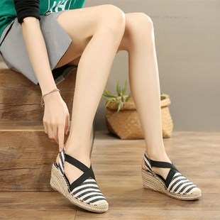高跟松紧带交叉弹力坡跟松糕底草编麻绳底渔夫防水台女式 凉鞋