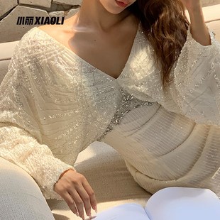 小丽星辰之泪长袖V领连衣裙春夏法式高端精致W气质鱼尾裙子