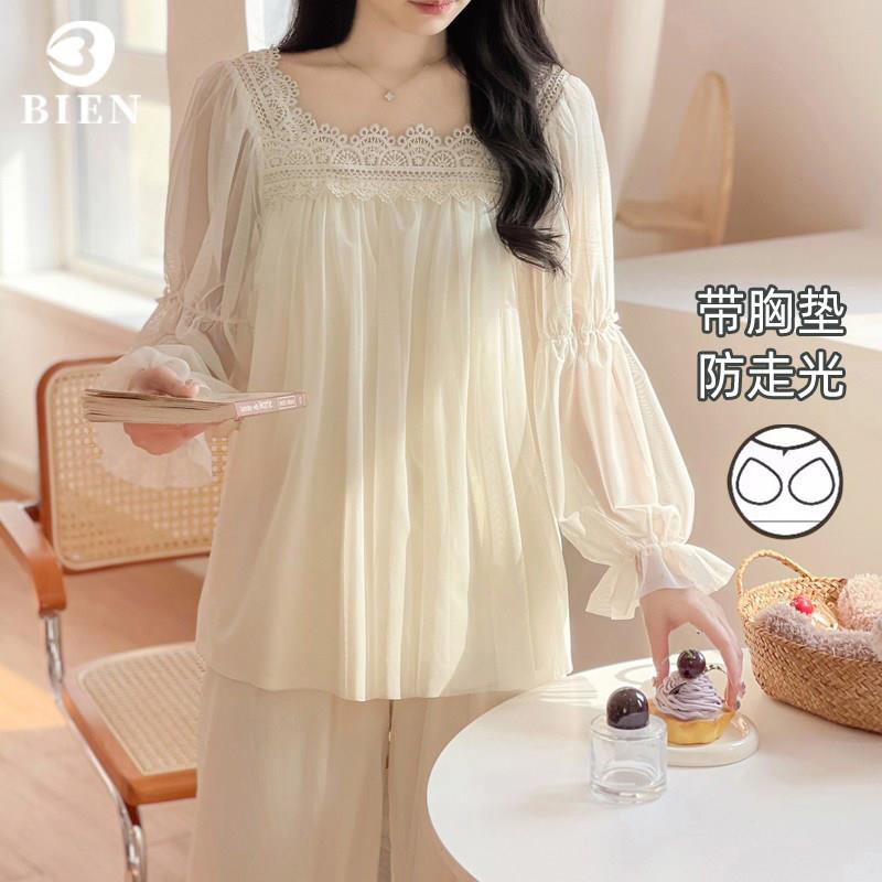 BIEN带胸垫莫代尔睡衣女春秋季甜美可爱公主风家居服法式宫廷套装