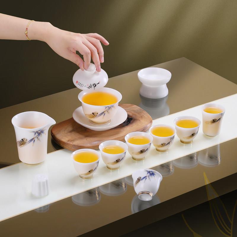 高档冰种羊脂玉瓷茶具套装办公室会客轻奢德化白瓷泡茶壶盖碗礼品