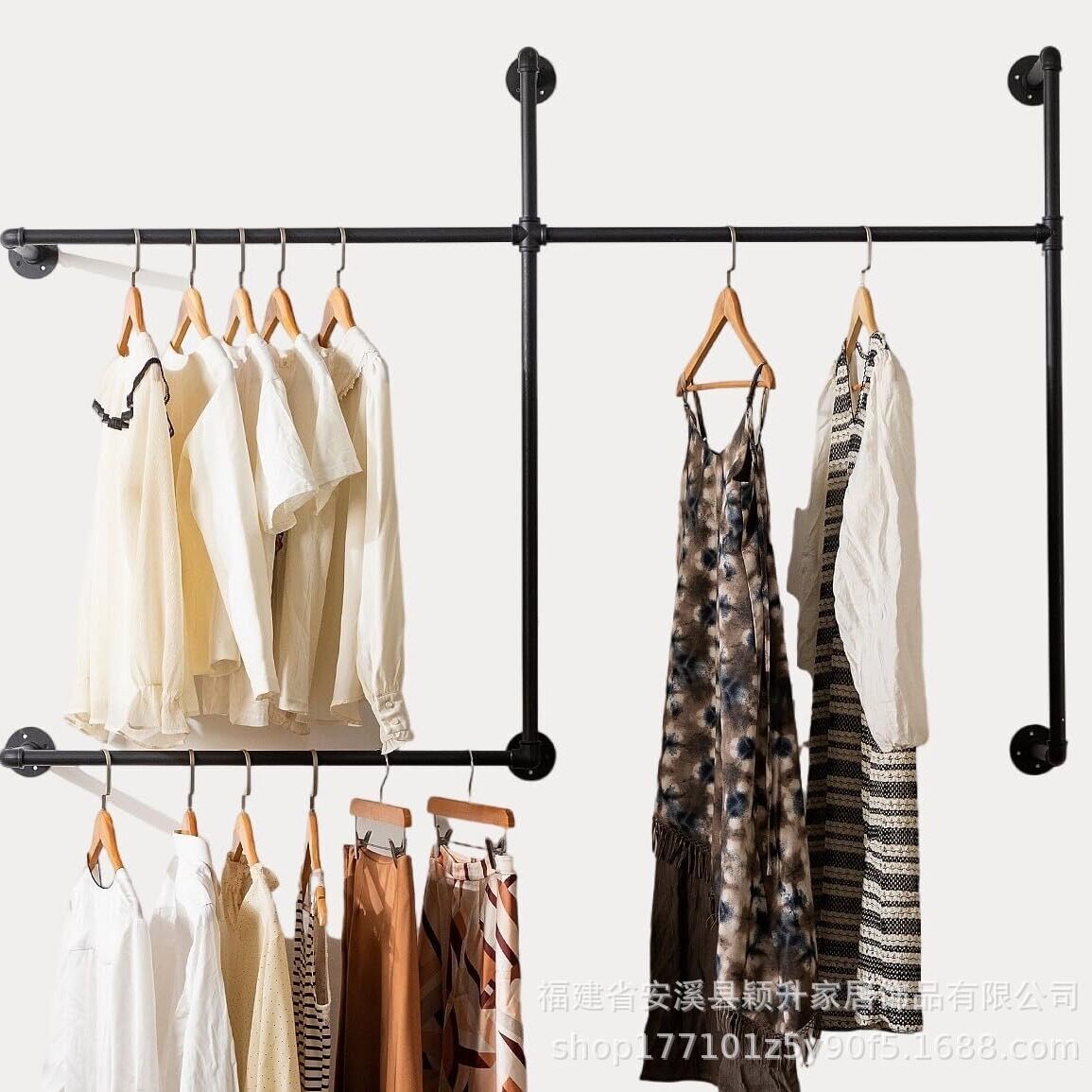 跨境工业风管道衣帽架上墙衣架晾衣杆服装店展示架晾衣杆置物架