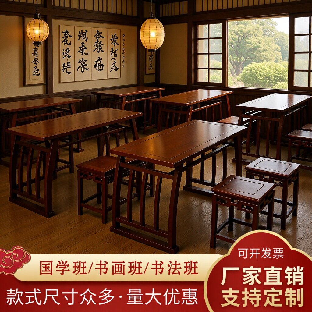 实木国学桌学生书法桌幼儿园练字桌仿古新中式禅修马鞍桌直销椅子