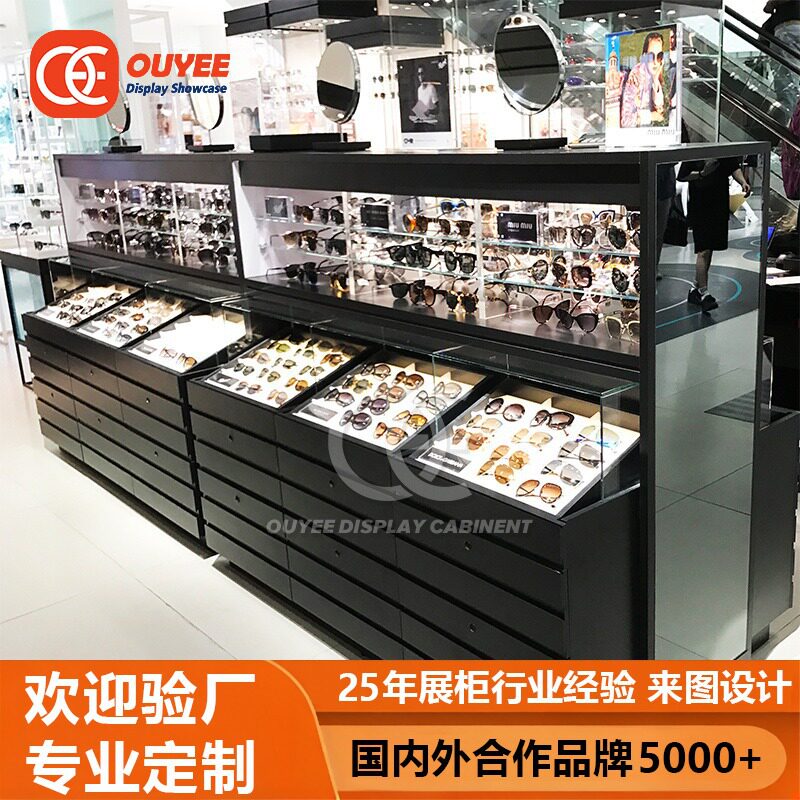 钢化玻璃眼镜展示柜时尚黑色多层墨镜陈列柜商场店铺商用中岛柜