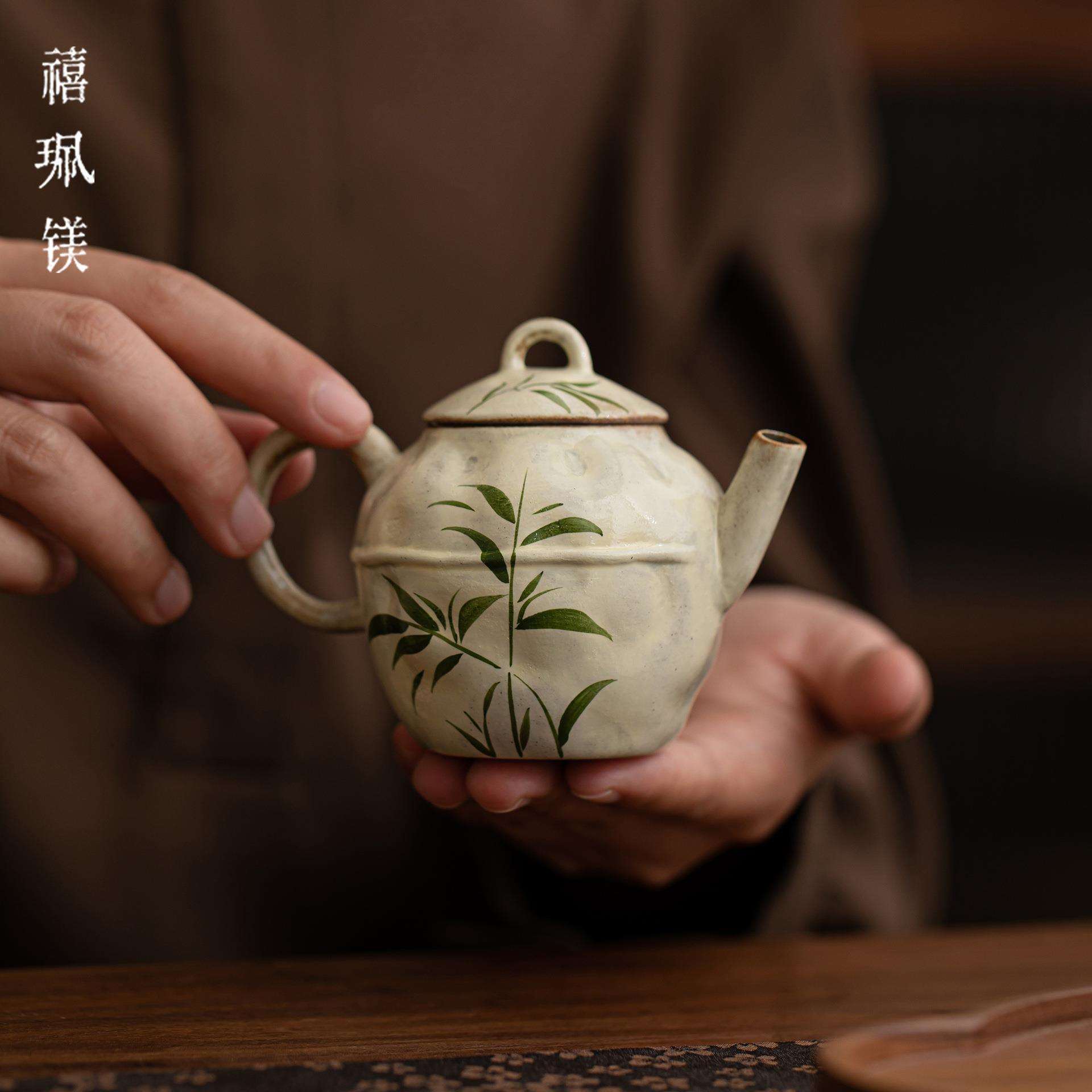 禧珮镁日式粉引手绘翠竹陶瓷茶壶文人手执壶家用小泡茶壶粗陶单壶