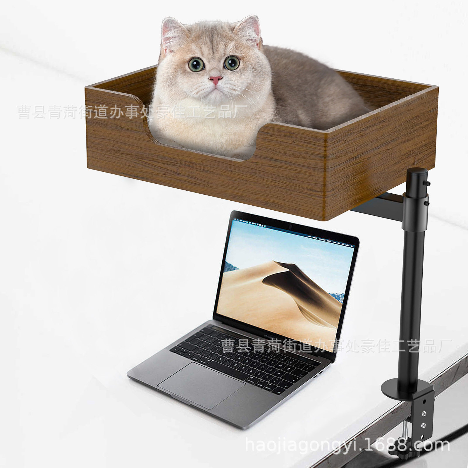木制简易猫窝办公室桌面猫窝支架带软猫垫和坚固钢架的办公桌猫床