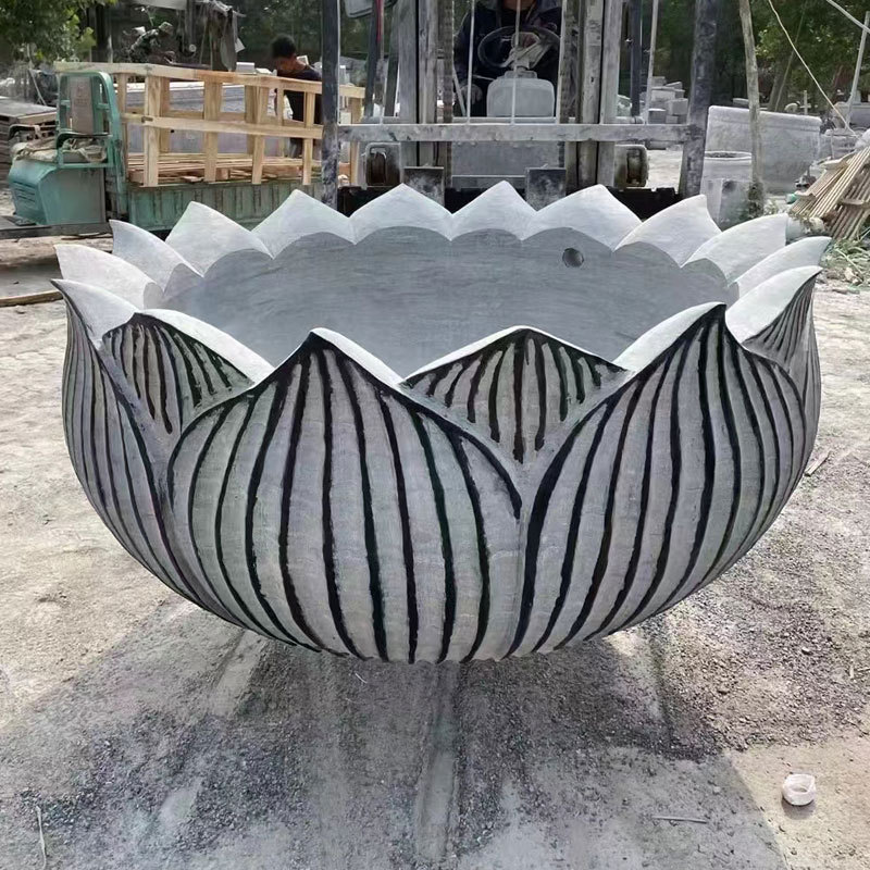 石雕青石鱼缸圆形汉白玉莲花盆养鱼池石盆庭院青石荷花缸户外装饰
