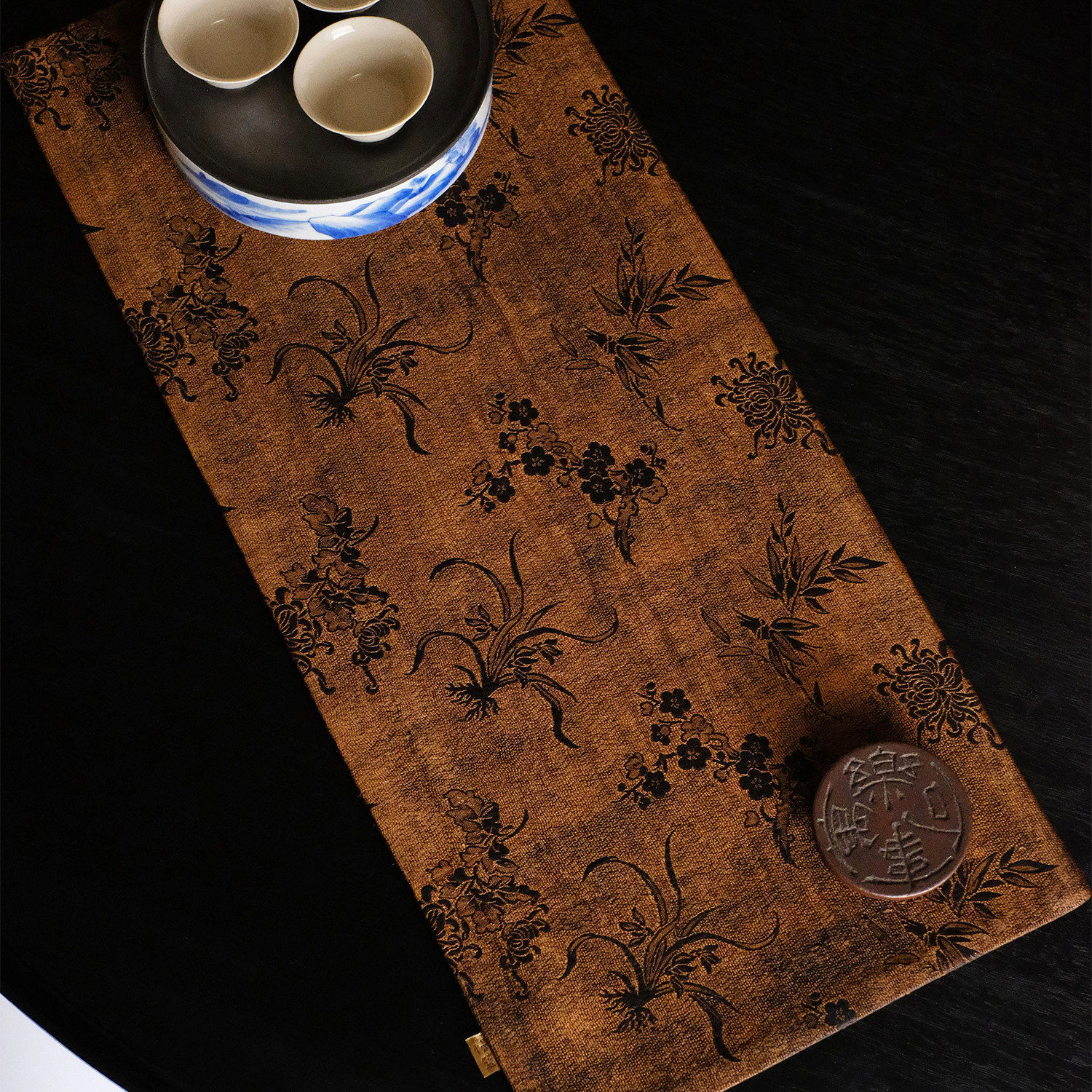 慢蓝真丝香云纱5022茶席 隔热茶道长方形桌旗复古桌旗茶铺干泡茶