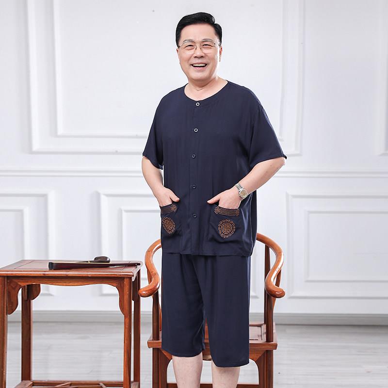 夏季老年人男士棉绸睡衣裤套组开衫薄款中老年短袖爷爷家居服可外